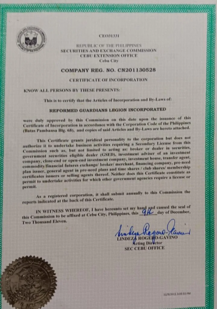 SEC certificate